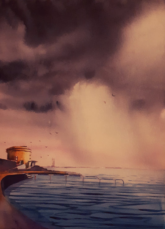 Watercolour painting of Martello Tower, Seapoint, Dublin, Ireland, by Cathal O'Briain.
