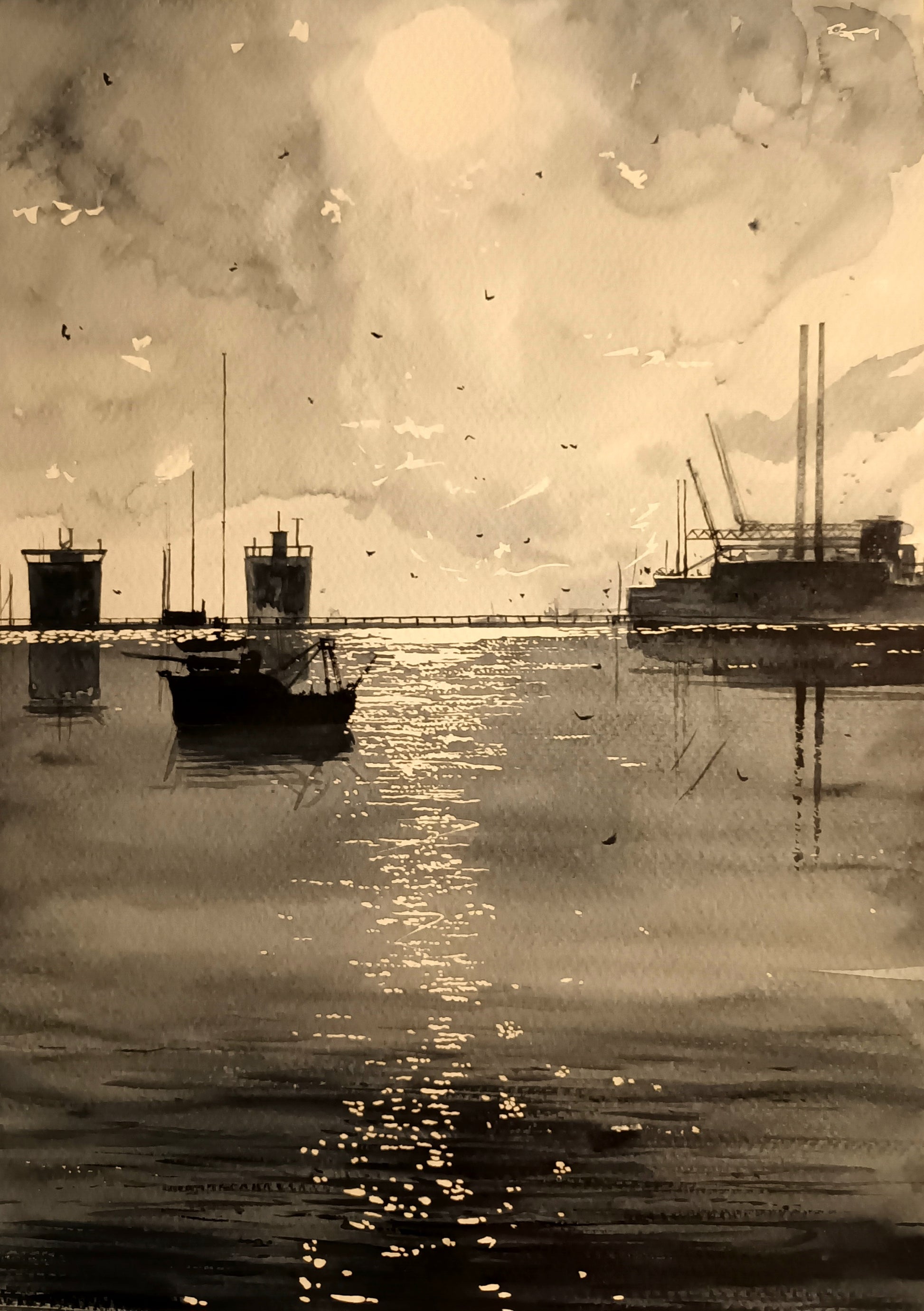 Watercolour painting of Dublin Docklands, Dublin, Ireland, by Cathal O'Briain