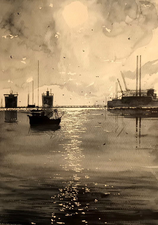 Watercolour painting of Dublin Docklands, Dublin, Ireland, by Cathal O'Briain
