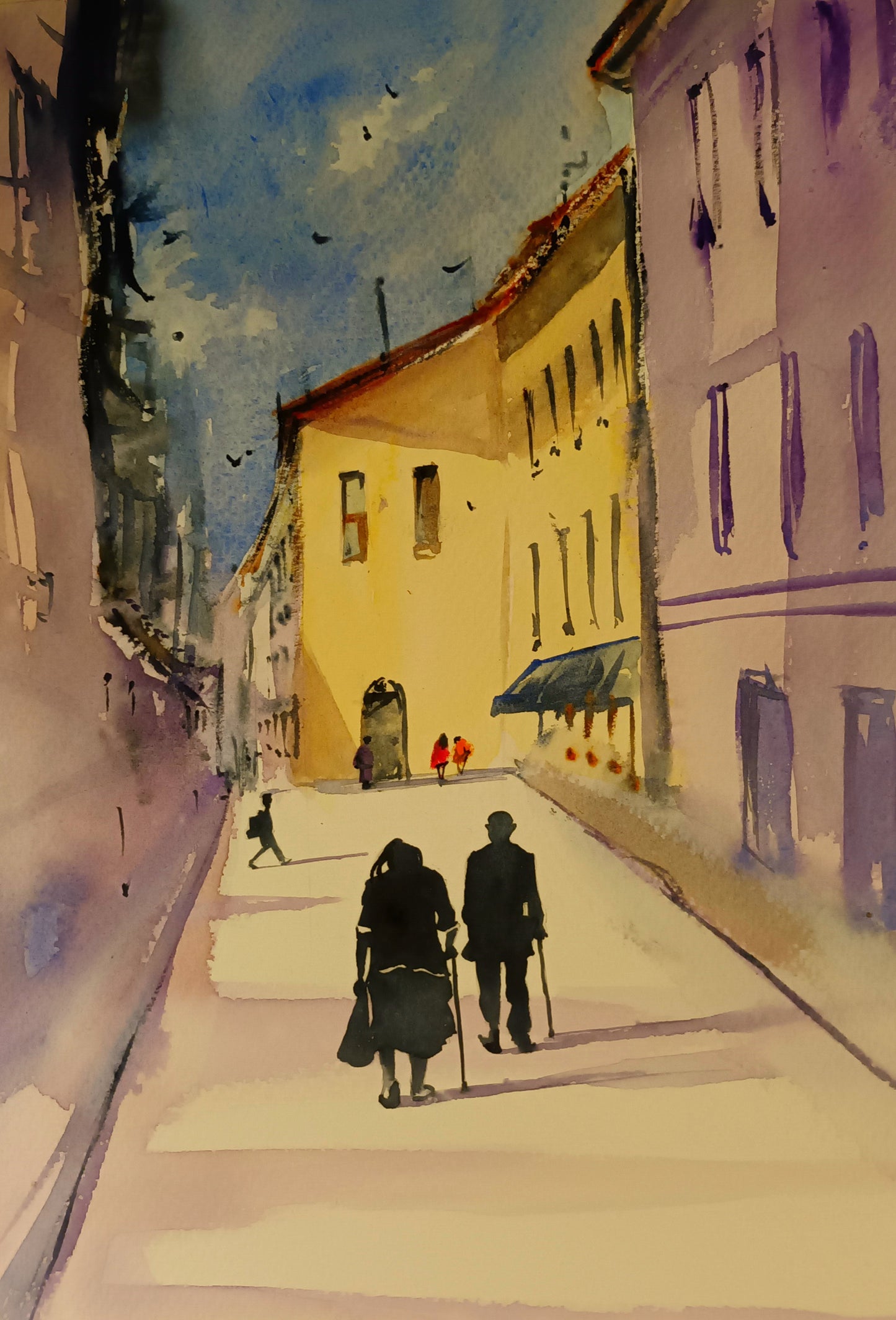 A3 Framed Watercolour painting of an elderly couple walking in Spain, by Cathal O'Briain.