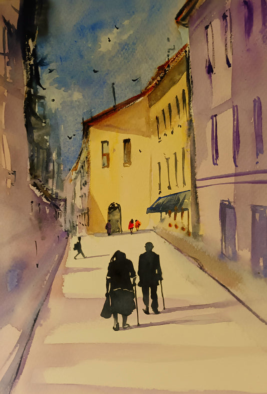 A3 Framed Watercolour painting of an elderly couple walking in Spain, by Cathal O'Briain.
