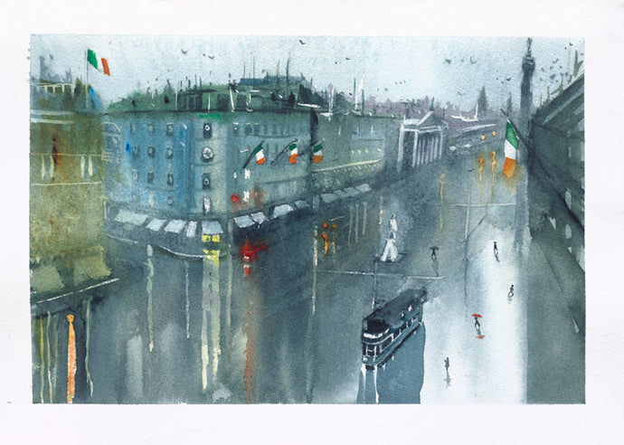 Original Watercolour Painting of O'Connell Street, Dublin with Nelson's Pillar in the background, by Irish Artist Cathal O'Briain. Free P&P with Padded Protection within Ireland.